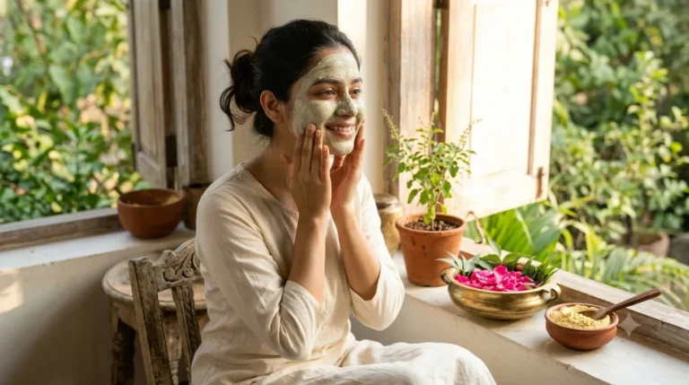 Woman following a gentle Ayurvedic skin care routine in a calm herbal setting