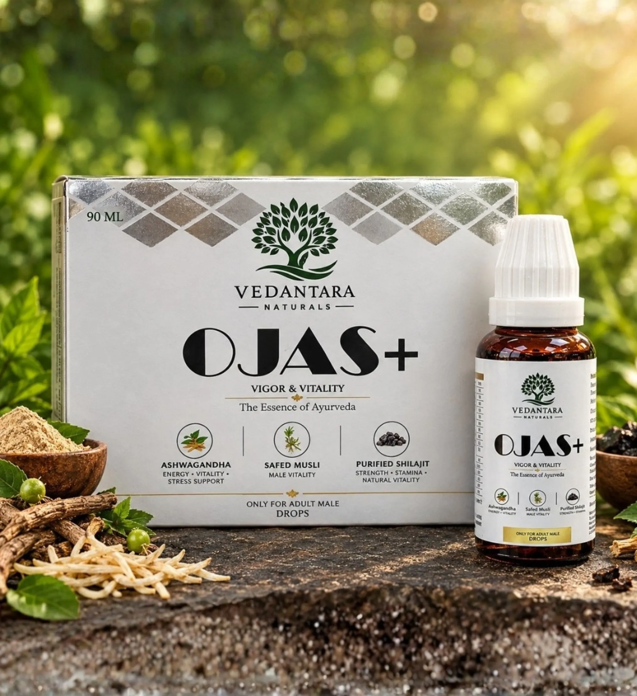 Vedantara Naturals Ojas+ Ayurvedic drops for men with Ashwagandha, Safed Musli and Shilajit